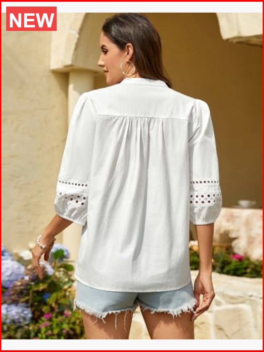 3/4 Puff Sleeve Button Down Blouse Cotton Eyelet Boho Mandarin Collar Tops - Picture 3 of 7